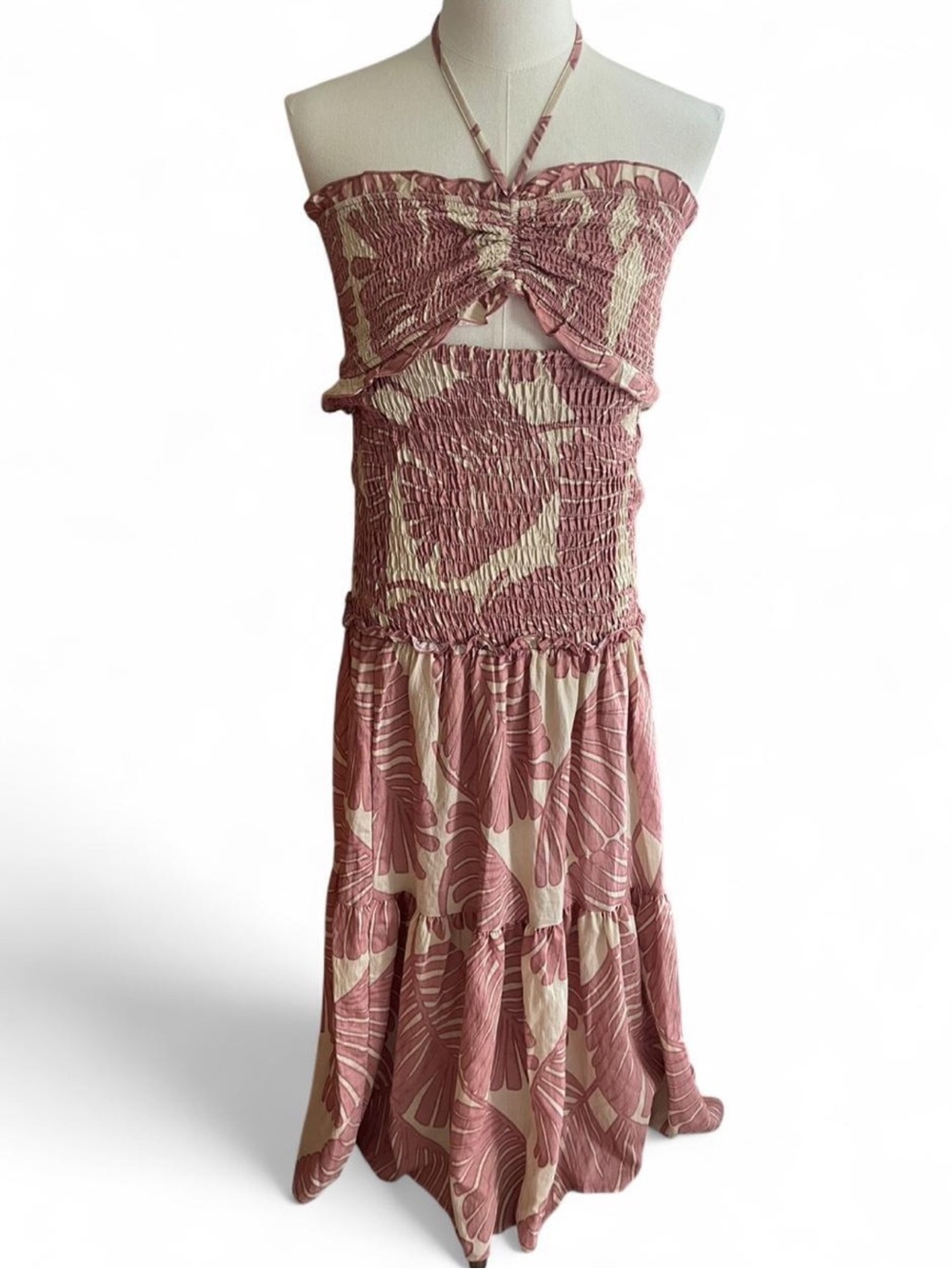 Bandeau Smocked Maxi Dress in Dusty Rose and Cream